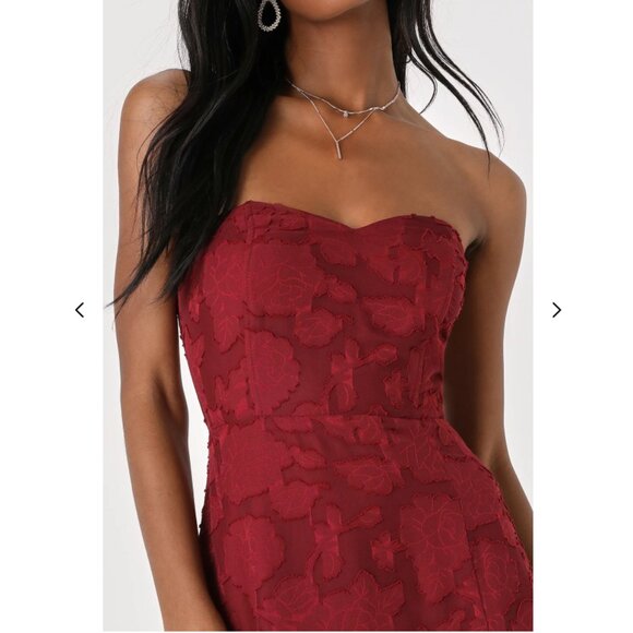 Lulus Garden Of Romance Burgundy Floral Burnout Strapless Maxi Dress Red - Picture 1 of 6